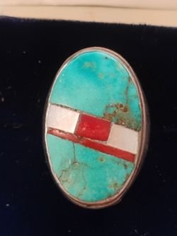 Native American Navajo Zuni Inlay Turquoise, Coral, Mother of Pearl Inlay, Vintage 1970s Sterling Silver Ring