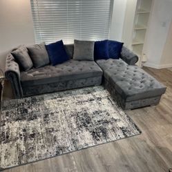 Gray Sectional Sofa Upholstered Velvet Chesterfield Sofa