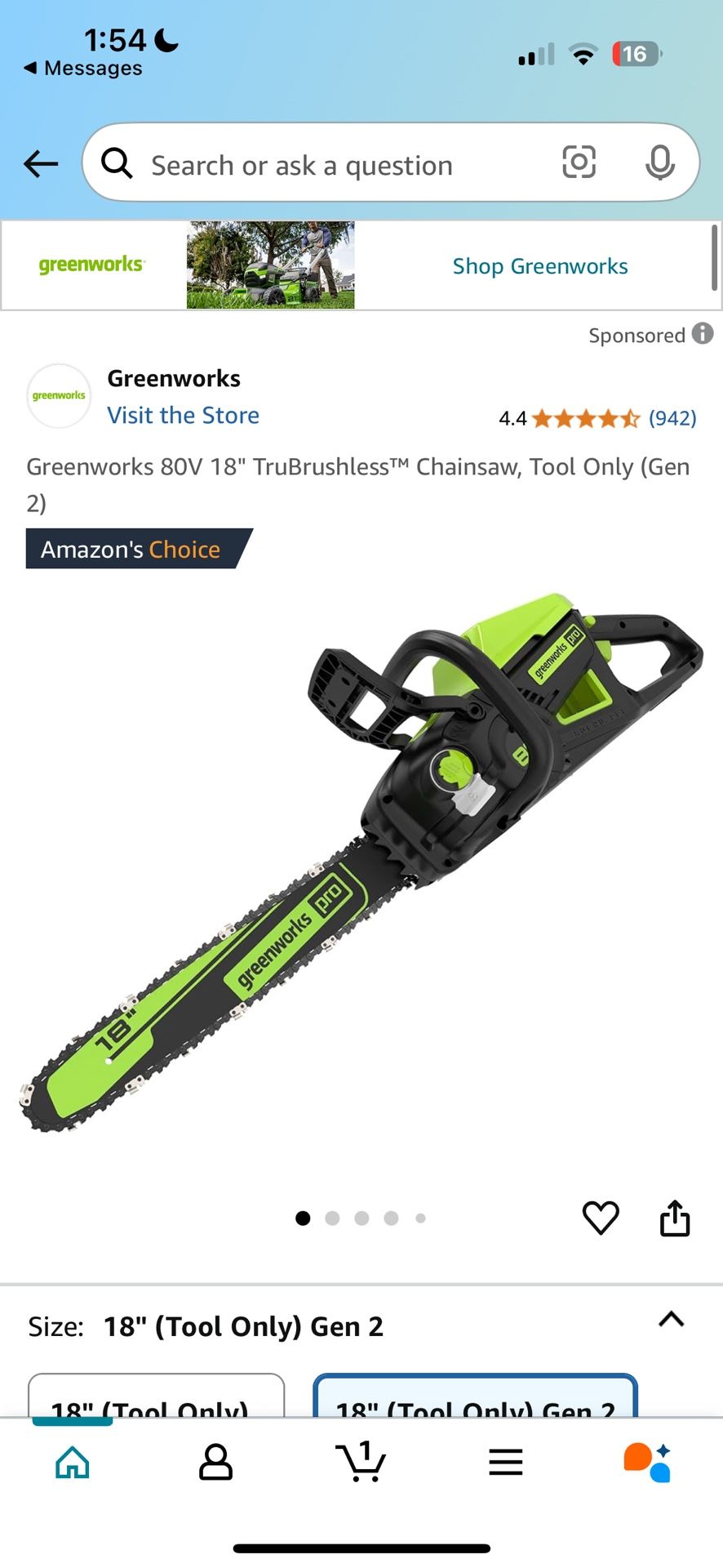 Greenworks 80V 18" TruBrushlessâ„¢ Chainsaw, Tool Only (Gen 2)