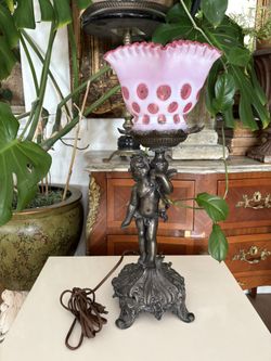 Antique Cherub Lamp with Cranberry Coin Dot Glass Shade – 42” Tall