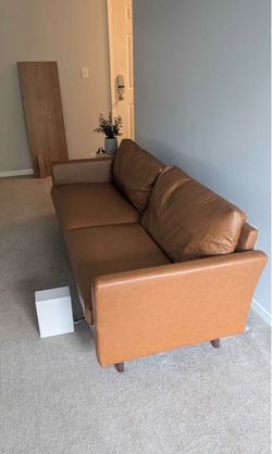 Tan Leather 3-Seat Sofa with Wood Legs