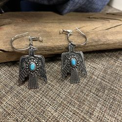 2009-AMT Vintage Style Thunderbird Silver Metal/Turquoise Color Dangle Earrings