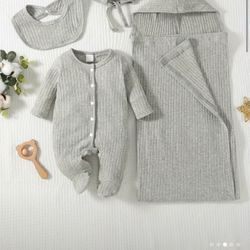 New Baby Boy Size Newborn Multi piece Romper Sleeper Hat Bib Blanket /towel