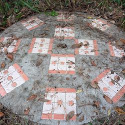 Concrete Table With Pedestal And Three Benches. 