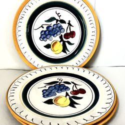 (3) Stangl “Fruit” Luncheon Plates, Hand Carved & Painted, Artist Signed, 9-3/8”