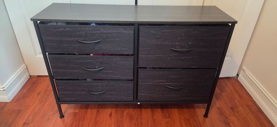 Black 5-drawer wide fabric dresser with steel frame