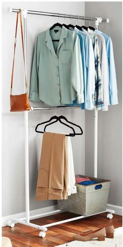 2-Shelf Garment Drying Clothes Rack, Adjustable Height, Locking Wheels, Metal, Silver/White, for Closet Organizatio