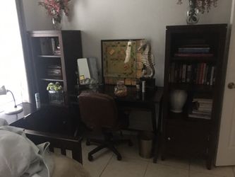 Solid wood 2 bookcases & glass wood desk with chair