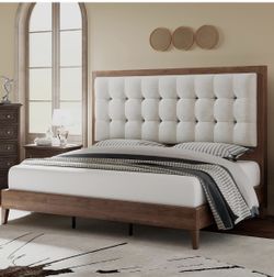New Solid Wood King Size Bed Frame 50.2" Tall Upholstered Headboard, Mid-Century Style, Stable Platform Support, No Box Spring Needed, Walnut