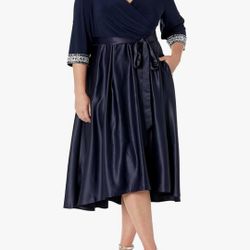 Alex Evenings Satin Ballgown Dress with Sleeve, Navy Beaded,  Plus Size 20 W