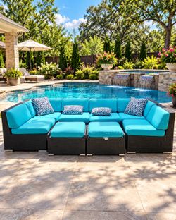 OHANA Luxury Outdoor Wicker Sectional Patio Set – Turquoise Cushions, 2 Ottomans & Full Cover