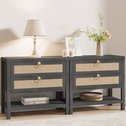 Eclatara Large Rattan Night Stand Set of 2 with 2 Drawers and Storage Shelf Boho Nightstand Black Oak Bedside Table End Table Side Table for Bedroom(B
