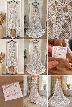 White Sequin Lace Mermaid Wedding Dress – Nude Lining – Corset Back – Long Train