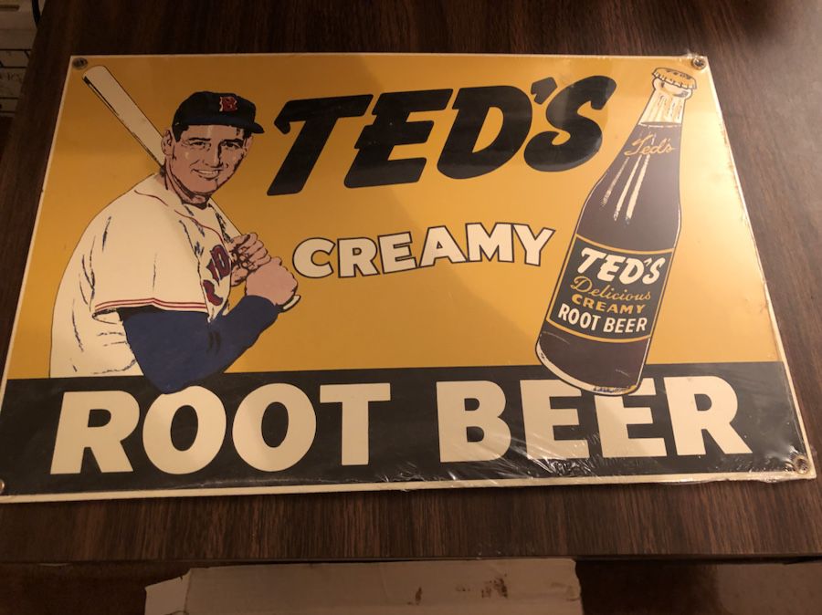 Ted Williams “Ted’s Root Beer” Metallic Reprint Sign! 15” long by 10” High!