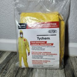 DuPont Yellow Tychem QC Chemical Protection Coveralls With Serged Seams, Front Zipper Closure, Attached Hood, Attached Sock Boots, Elastic Face And El