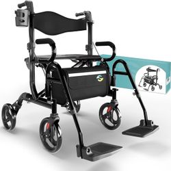 Helavo 2 in 1 Walker Wheelchair Combo - Foldable Aluminum Rollator with Footrests