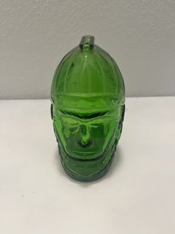 VTG WHEATON LENAPE GREEN GLASS NATIVE AMERICAN INDIAN CHEIF WARRIOR DESIGN BANK