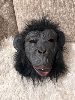 Black/Gray Monkey Ape Chimpanzee Latex Full Head Mask Faux Fur Hair Halloween