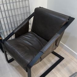 LIKE NEW - HIGH END LEATHER CHAIR, HEAVY BRUSHED METAL FRAME