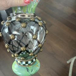 STATELY Mackenzie Childs Designer Glass Vase courtly check with brass knobs VERY RARE