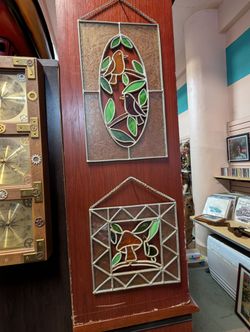 Stained Glass Bird And Mushroom Hanging Panel Set Decorative Wall Art