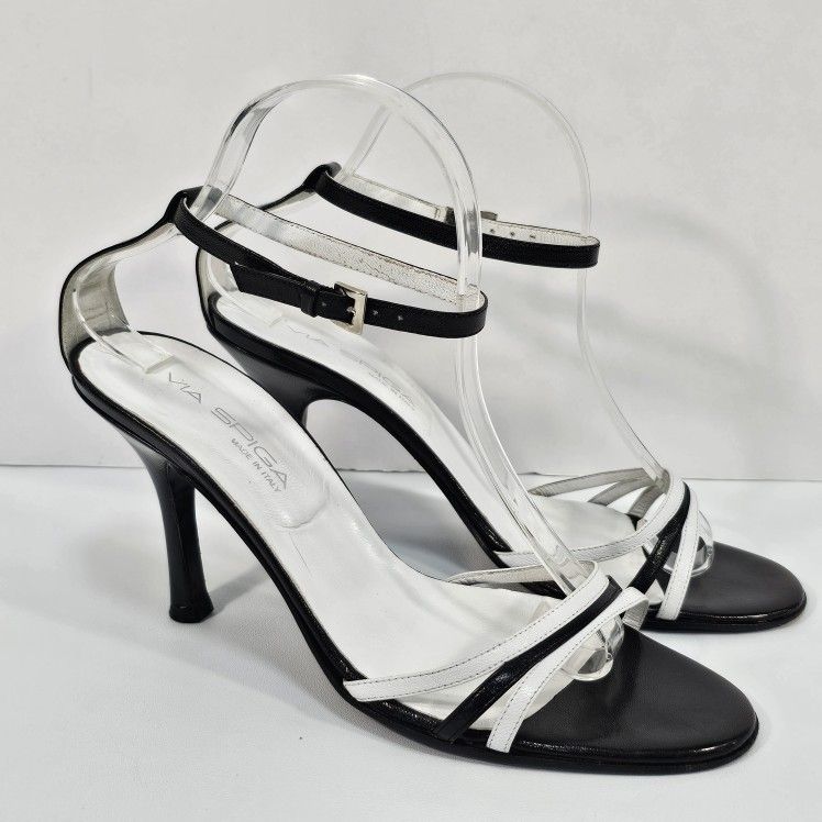 VIA SPIGA Ankle Strap Stilettos Heel Sandals - Black & White Leather - Size 9
