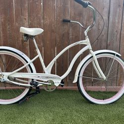 Electra Women 3 speed Beach Cruiser The Betty Model.  Bright White with silver and Pink custom paint.  Rides like a dream. Lightly used.  Shifts smoot