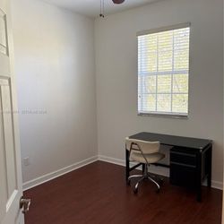 Black Office Desk W/ White Leather Rolling Chair 