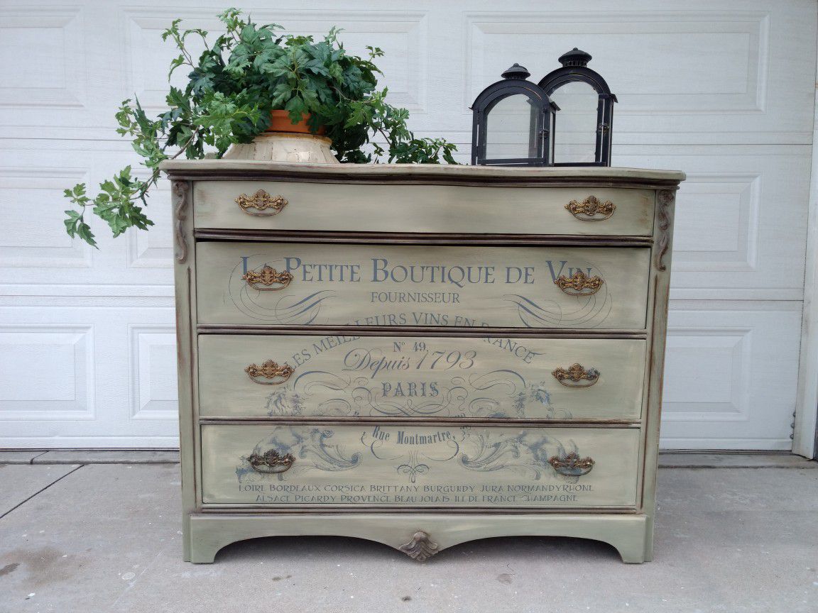 Antique 4 drawer dresser with French transfer. Painted with Annie Sloan.