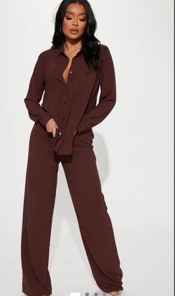 Brown Button-Up Shirt and Wide-Leg Pants Set
