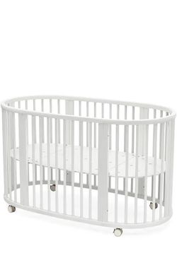 Like New White Stokke Sleepi v3 Convertible Crib and Mini Crib Bundle. With Mini and Full Size Mattress. And Mattress Protection Sheet