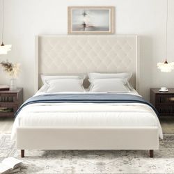 Lark Manor Plainfield Upholstered Wingback Bed Frame with 61" Tall Headboard, Color: Beige, Size: King