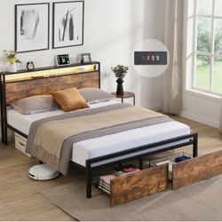 Full size Bed Frame W/Storage Headboard 2 Drawers LED Lights Charging Station 