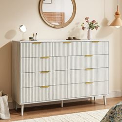Fluted 9 Drawers Dresser, 55.1" Wide Modern Chest of Drawers with Wood Foot, Dresser TV Stand Up to 65 Inch TV, Wood Drawer Organizer for Bedroom, Liv