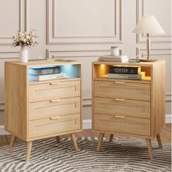 Rattan 3-Drawer Nightstand with LED Open Shelf – Set of 2