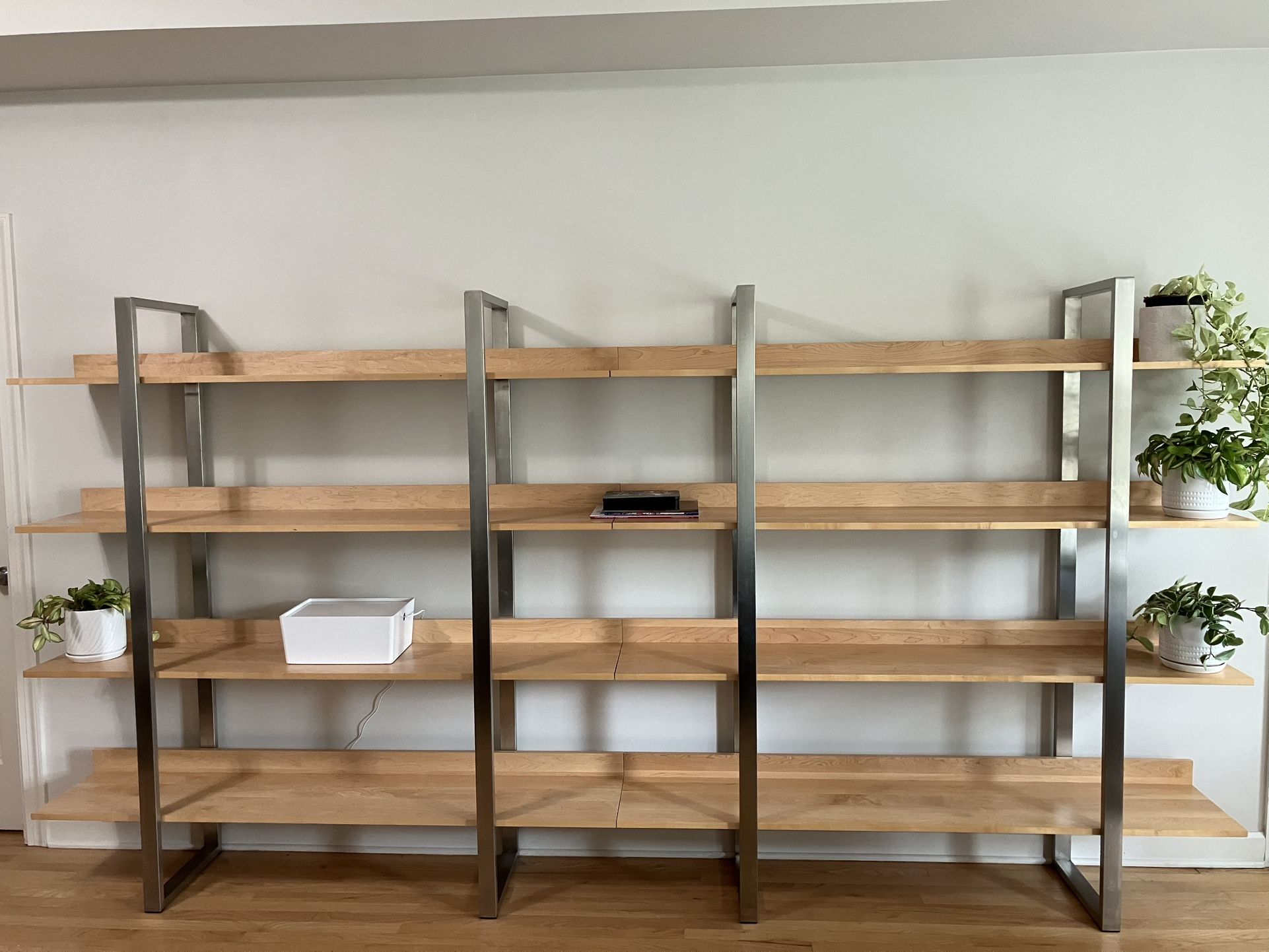 TWO Room And Board Metal Wood Two Bookshelf Display Case Bookshelves Room & Board Shelving Unit Storage Cabinet