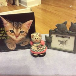 Lot Of Cat Items Great For Gift Giving To A Cat Lover  Pewter Frame , Cat Wood Hand Painted, Cat Book  All Items Are New