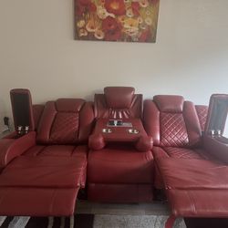 Luxury Red Leather Reclining Sofa Set w/ Speakers & Cup Holders