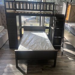 Twin loft bunk bed with shelves & drawers.  Available in grey & white. Assembly required.  Assembly not included.  Tax included.  Free local delivery.