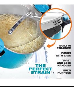 Aqua Blue 5 qt. Non-Stick Aluminum Ti-Ceramic Pasta Pot with Built-In Strainer and Twist N' Lock Handles