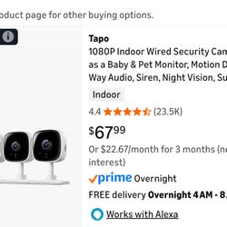 Tapo 1080P Indoor Wired Security Camera - Works as a Baby & Pet Monitor, Motion Detection, 2-Way Audio, Siren, Night Vision, Subscription-Free Local o