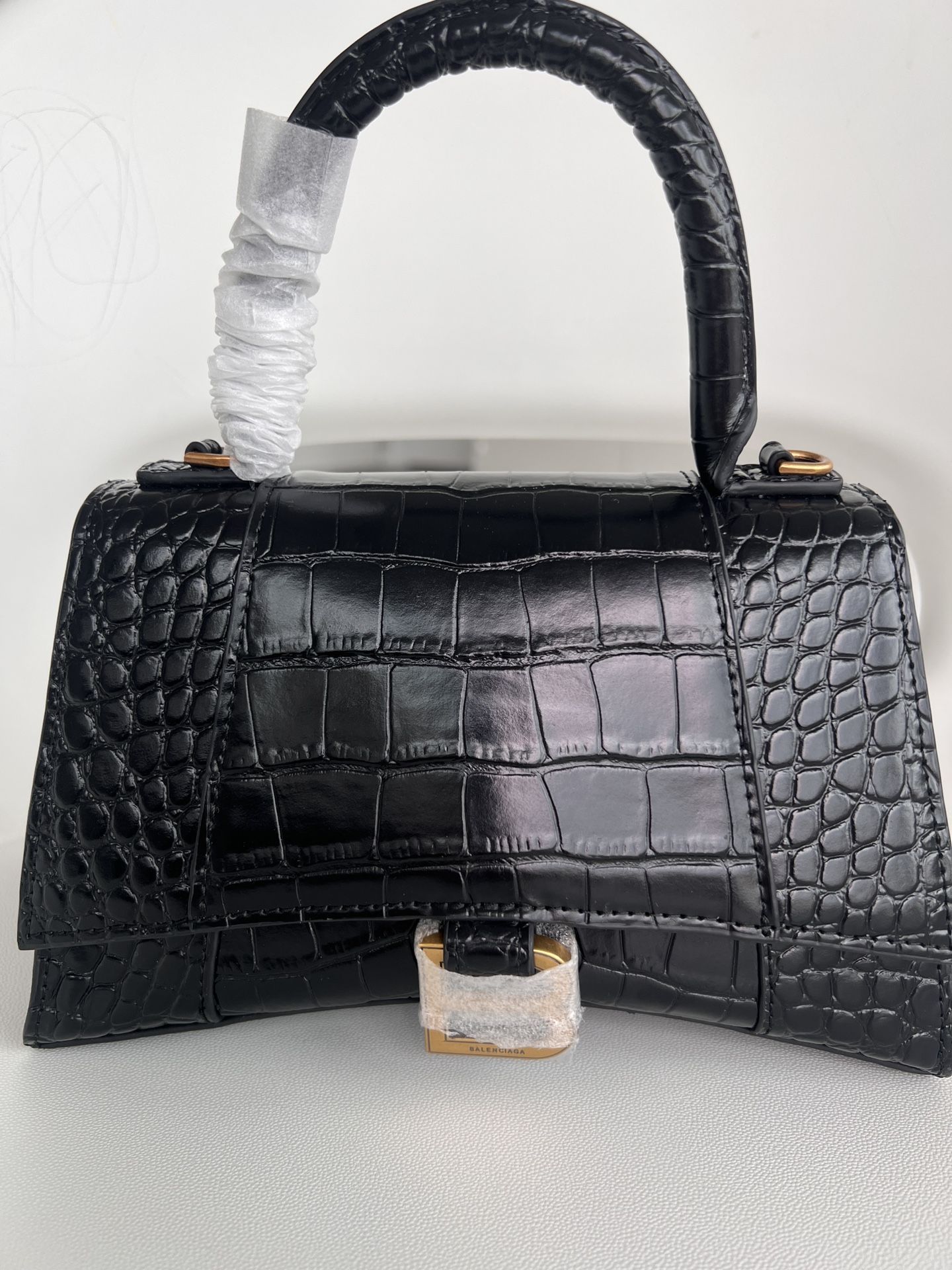 Hourglass Small Handbag Crocodile Embossed In Black