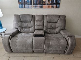 Dual Power Gray Reclining Loveseat with Center Console