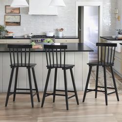 Windsor Wooden Bar Stools Set of 3 for Kitchen Island, Farmhouse 26 Inch Counter Height Stools Chairs with Spindle Back, Black