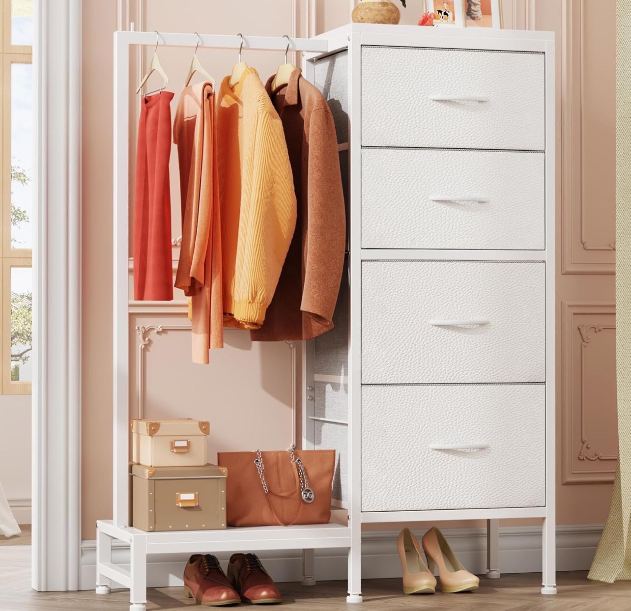 Dresser with Hanging Rack, 4 Drawers Small Dresser for Bedroom, Reversible Fabric Kids Chest of Drawers for Closet with Clothes Rack, Tall Storage Tow