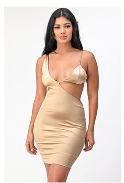 Brand New Champagne Satin Cutout Bodycon Dress - Size SML