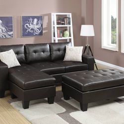 Brand New Espresso Leather Sectional Sofa With Ottoman