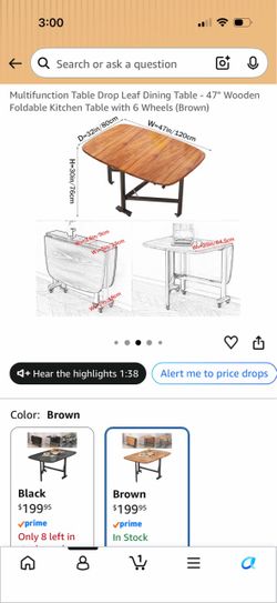 Multifunction Table Drop Leaf Dining Table - 47" Wooden Foldable Kitchen Table with 6 Wheels