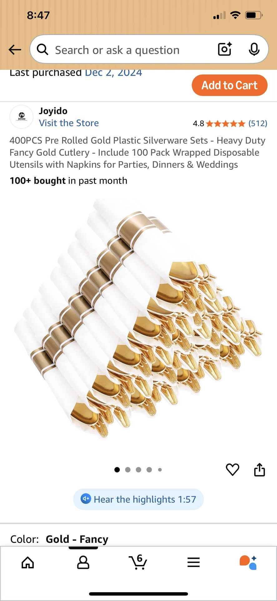 Pre- rolled Gold Plastic Silverware -100 
