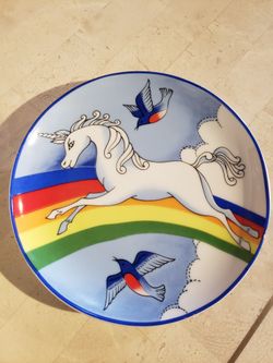 Vintage 80s Unicorn Rainbow Wall Hanging Plate 6" Made in Japan